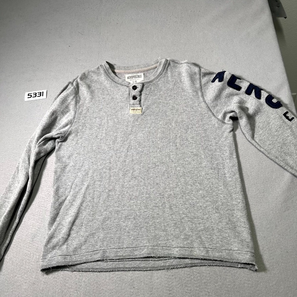 Aeropostale‎ Henley Shirt Mens Large Gray Waffle Knit Cotton Graphic Long Sleeve